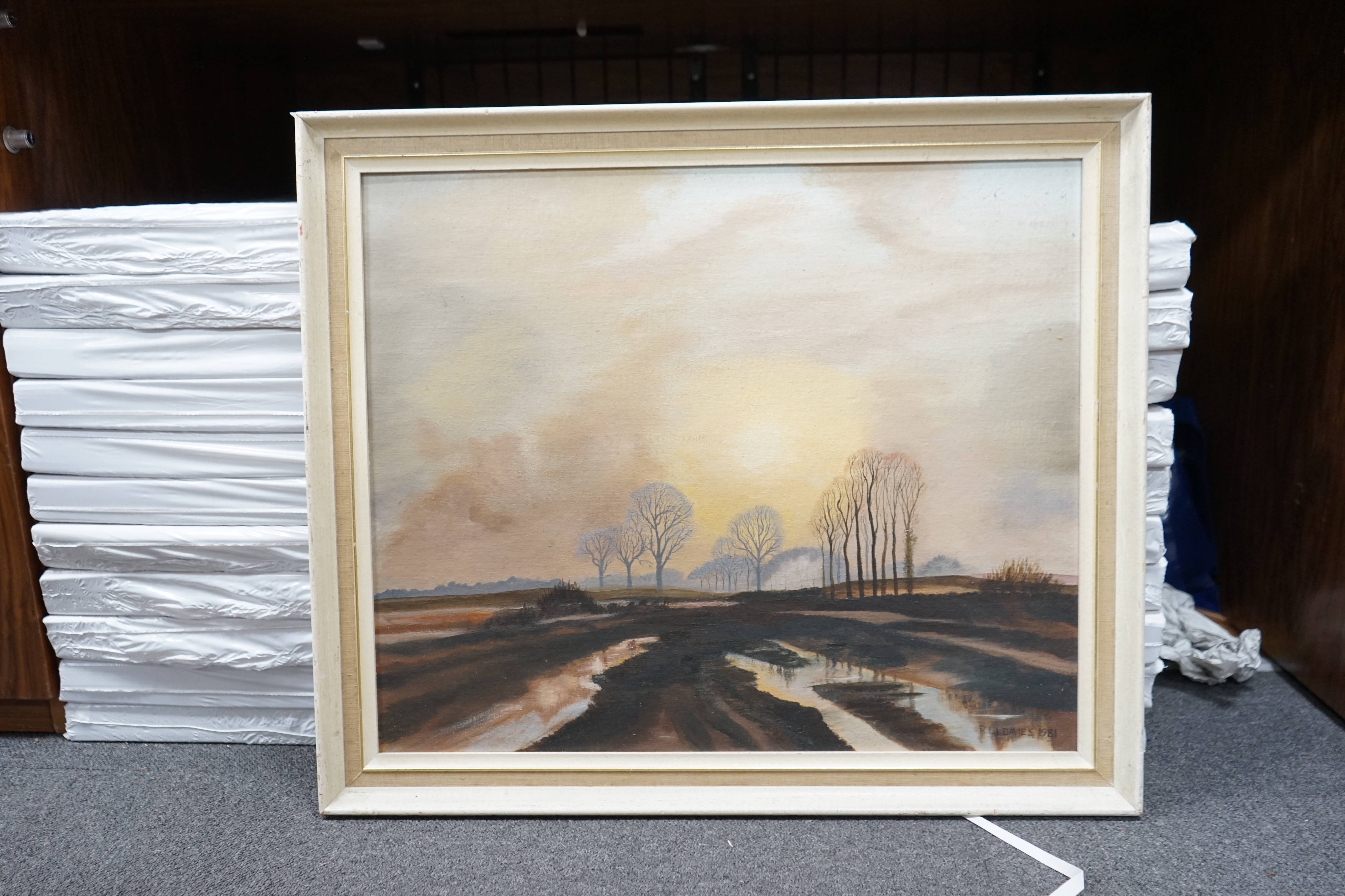 R.L.I. Davies, oil on canvas board, Winter landscape, signed and dated 1981, 50 x 60cm